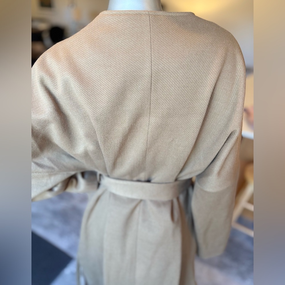 Midi Camel /Caramel Color Open With Tie Waist Round Neck Drop Shoulder Wrap Coat - Picture 6 of 15